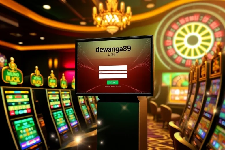 Antarmuka login Dewanaga89 yang ditampilkan dalam suasana kasino yang hidup dengan mesin slot dan chip.