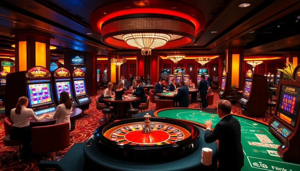 Players enjoying casino games at EE88, featuring vibrant roulette, poker tables, and slot machines.