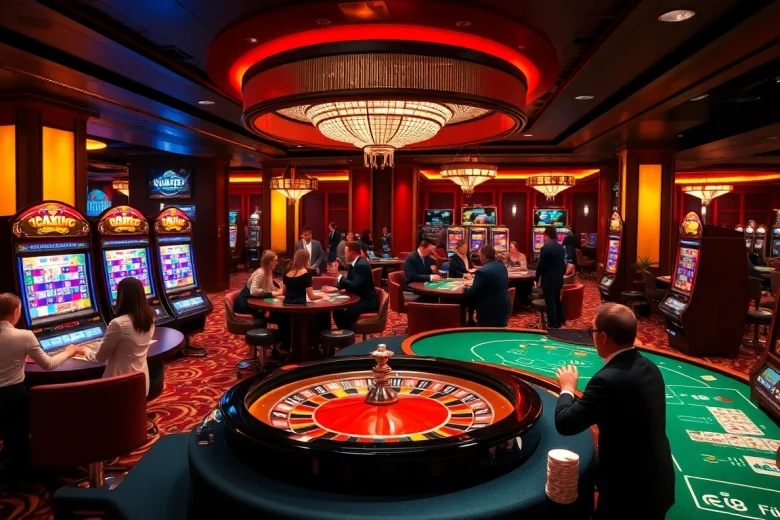 Players enjoying casino games at EE88, featuring vibrant roulette, poker tables, and slot machines.