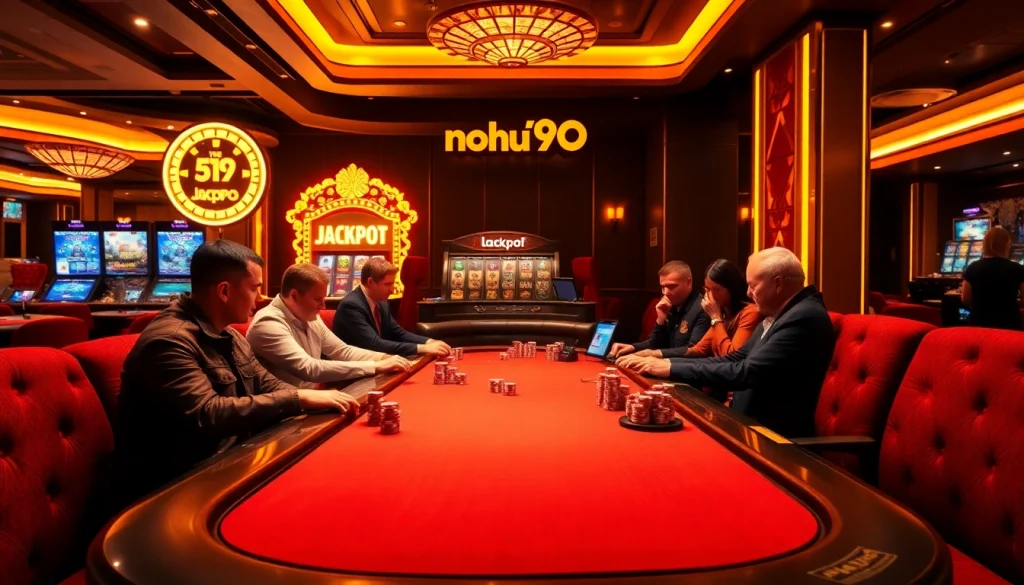 Players strategizing their moves at a luxurious casino table showcasing nohu90 gaming experience.
