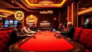 Players strategizing their moves at a luxurious casino table showcasing nohu90 gaming experience.