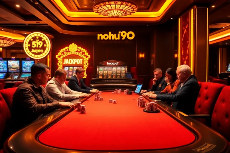 Players strategizing their moves at a luxurious casino table showcasing nohu90 gaming experience.
