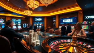 Engaged players at a luxurious casino table with XX88 logo prominent, enjoying high-stakes gambling.