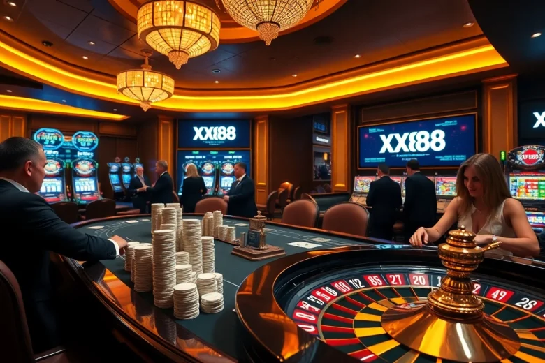 Engaged players at a luxurious casino table with XX88 logo prominent, enjoying high-stakes gambling.