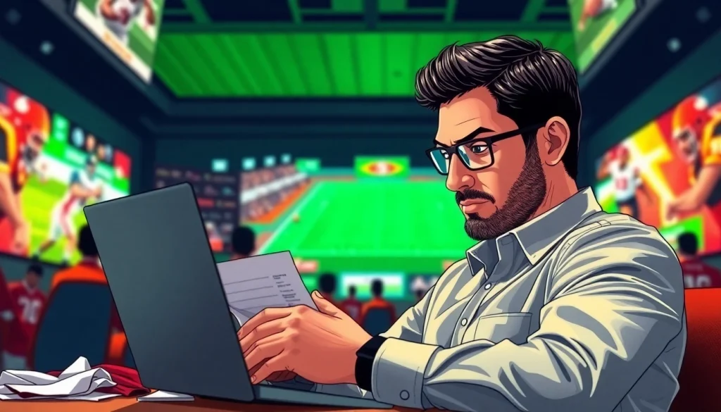 Engaging scene of sports betting sites Georgia with a focused bettor analyzing stats on a laptop.