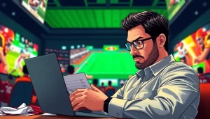 Engaging scene of sports betting sites Georgia with a focused bettor analyzing stats on a laptop.