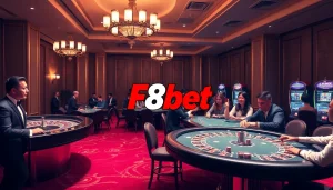 Players enjoying an exciting game at F8bet's luxury casino, showcasing vibrant roulette and blackjack tables.