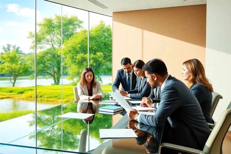 Attorneys at an environmental law firm collaborating on sustainability-focused legal cases in a modern office setting.