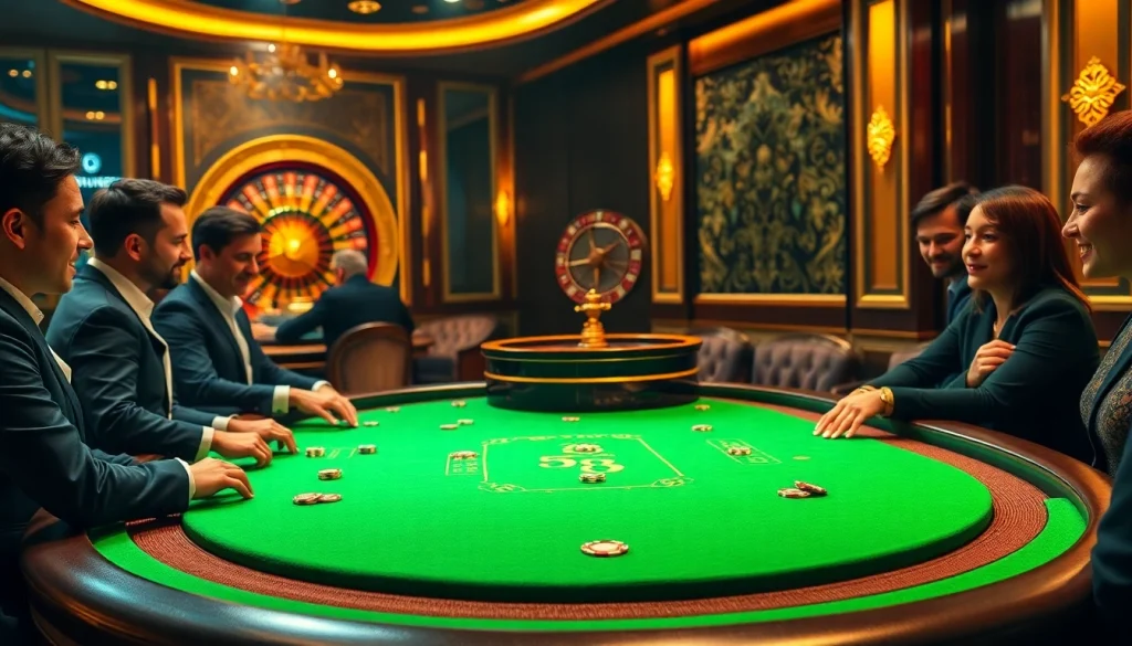Players strategizing their next move at an S8 poker table in a lavish casino setting.