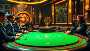 Players strategizing their next move at an S8 poker table in a lavish casino setting.