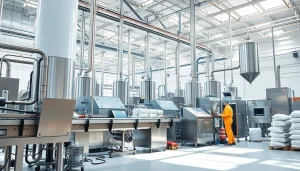 Workers monitoring production at a modern sweetener factory equipped with advanced machinery.