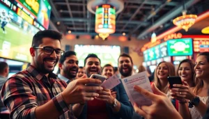 Engaged bettors at sports betting sites Oklahoma, showcasing lively casino atmosphere and betting excitement.