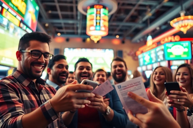 Engaged bettors at sports betting sites Oklahoma, showcasing lively casino atmosphere and betting excitement.