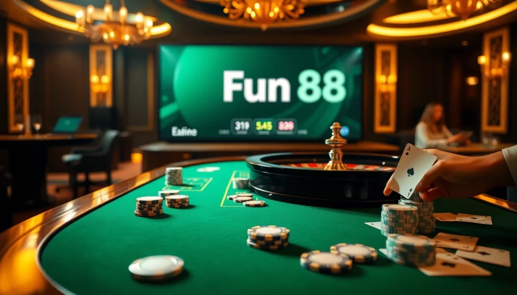 Gambling enthusiasts engaging with the Fun88 link at an elegant casino table.