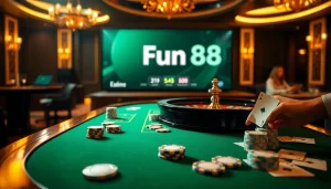 Gambling enthusiasts engaging with the Fun88 link at an elegant casino table.