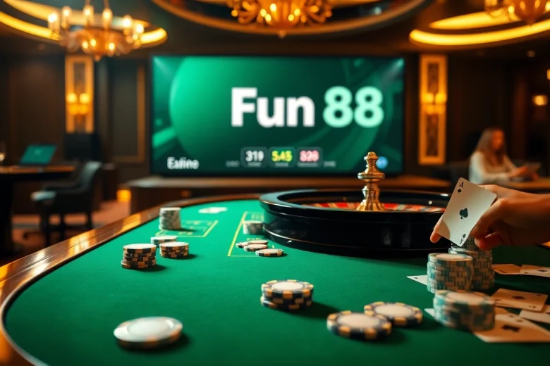 Gambling enthusiasts engaging with the Fun88 link at an elegant casino table.