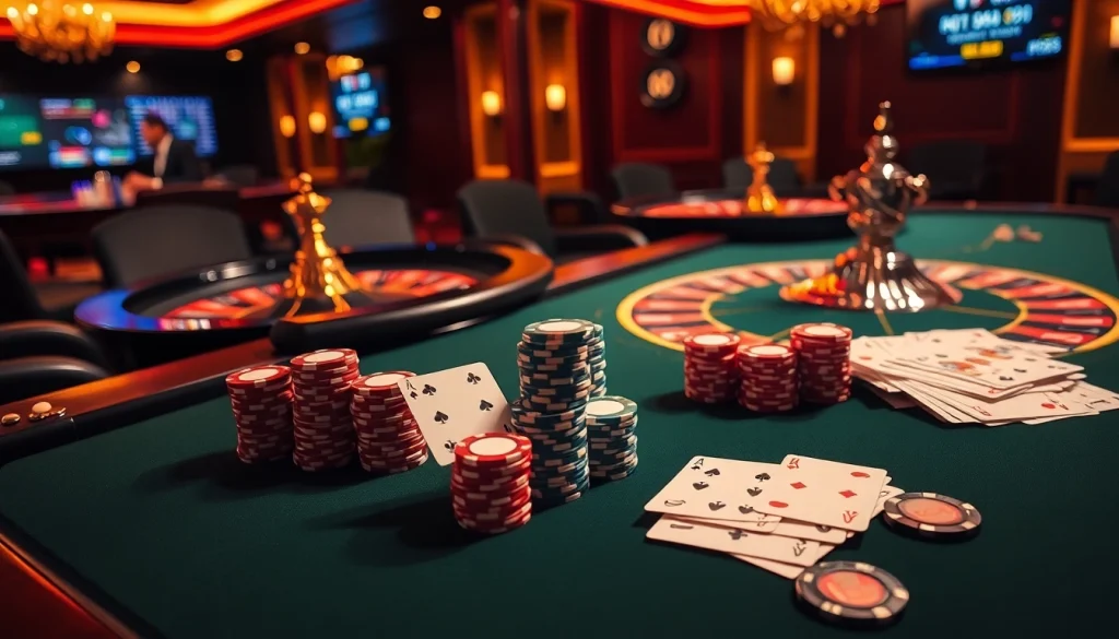 Experience the thrill of betting at TA88, featuring a luxurious poker table and roulette wheel.