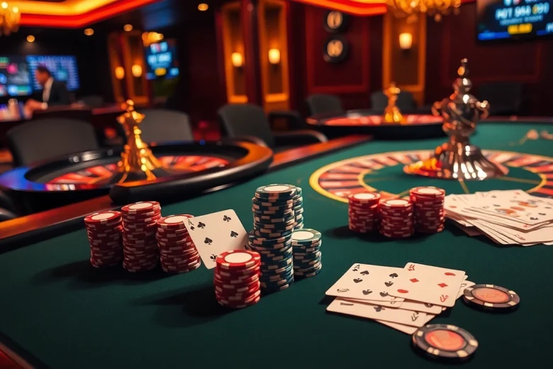 Experience the thrill of betting at TA88, featuring a luxurious poker table and roulette wheel.