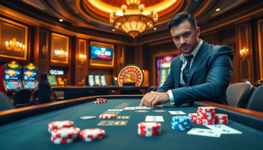Gambler engaging in an exciting casino game atmosphere at QQ88 with poker chips and roulette.