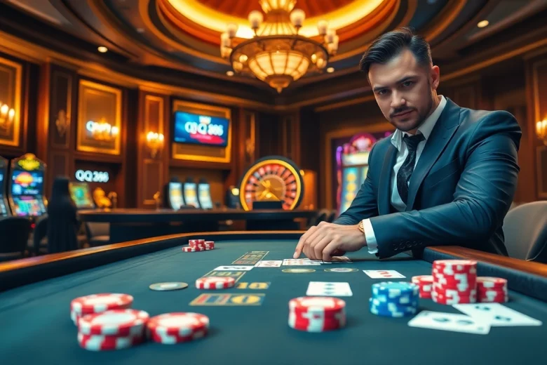 Gambler engaging in an exciting casino game atmosphere at QQ88 with poker chips and roulette.