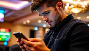 Jogador verificando site confiável de apostas com smartphone em ambiente acolhedor.