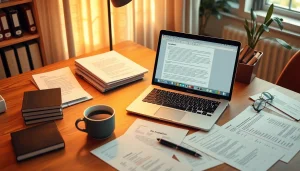 Professional workspace illustrating traducere autorizată with translation tools and documents.