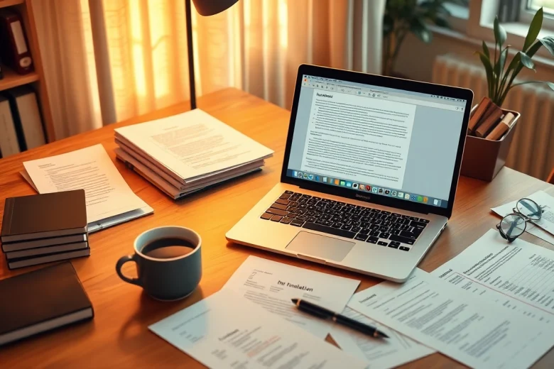 Professional workspace illustrating traducere autorizată with translation tools and documents.