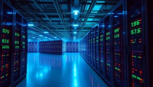 Bitcoin cloud mining facility showcasing advanced servers and real-time monitoring.