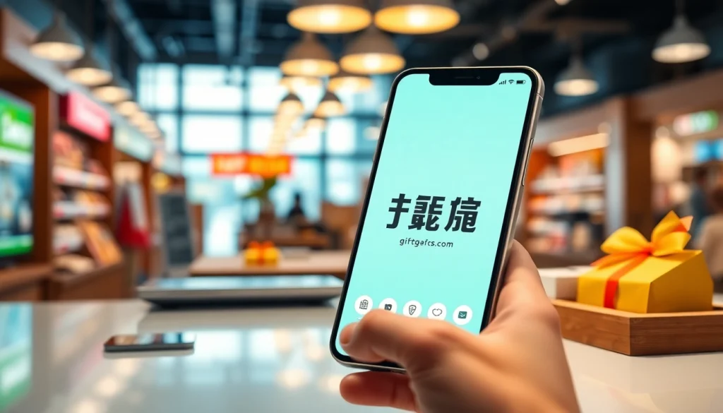 전문적인 환경에서 디지털 상품권 옵션이 표시된 스마트폰 화면을 통해 상품권소액결제를 시각화합니다.