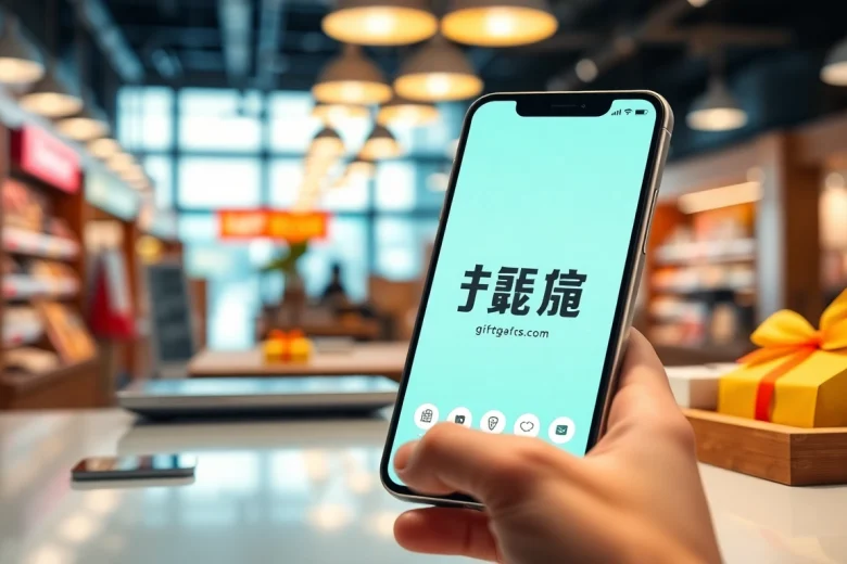 전문적인 환경에서 디지털 상품권 옵션이 표시된 스마트폰 화면을 통해 상품권소액결제를 시각화합니다.