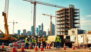 Workers engaging in Austin construction, showcasing teamwork and modern equipment on-site.