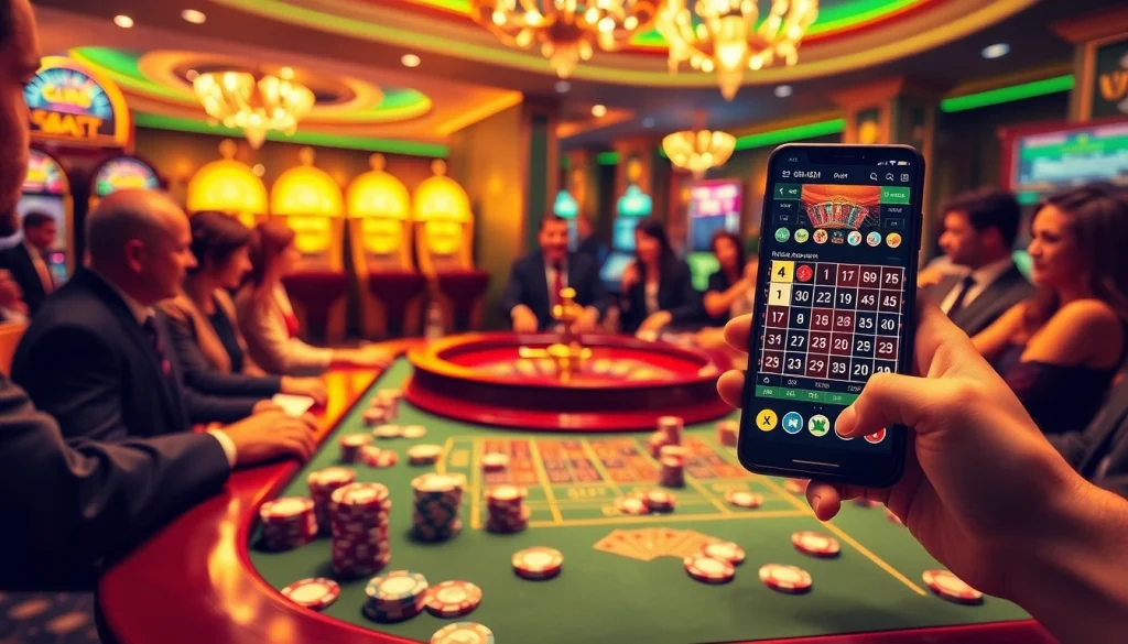 Excited players engage with https://ok8386a.com/ at a luxury roulette table in a vibrant casino scene.