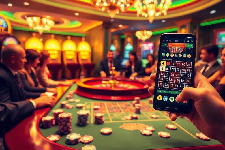 Excited players engage with https://ok8386a.com/ at a luxury roulette table in a vibrant casino scene.