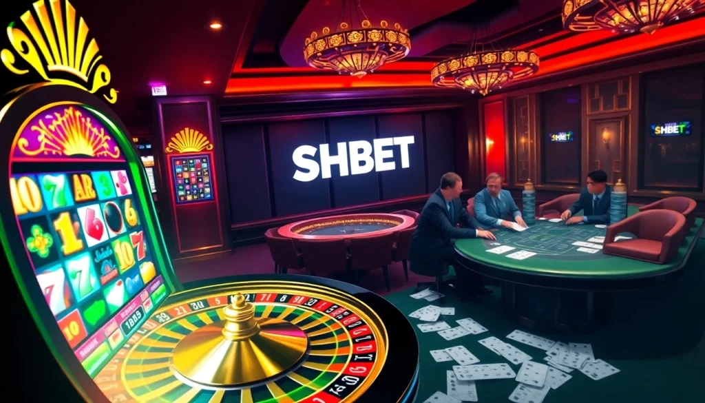 SHBET casino scene featuring a vibrant slot machine and a spinning roulette wheel.