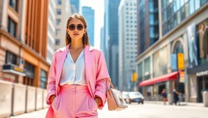 Rivelle fashion model showcasing elegant styles in a vibrant urban setting.