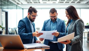 Collaborative team managing Contract Management tasks in a bright, modern office space.