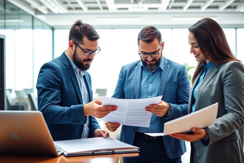 Collaborative team managing Contract Management tasks in a bright, modern office space.