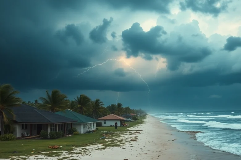 Assessing Florida Hurricane Damage after a storm, showing destruction of homes and trees along the coast.