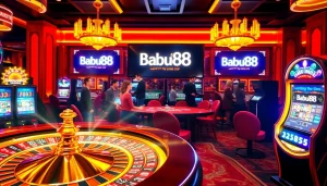 Babu88 Casino scene showcasing thrilling gameplay at roulette and poker tables.