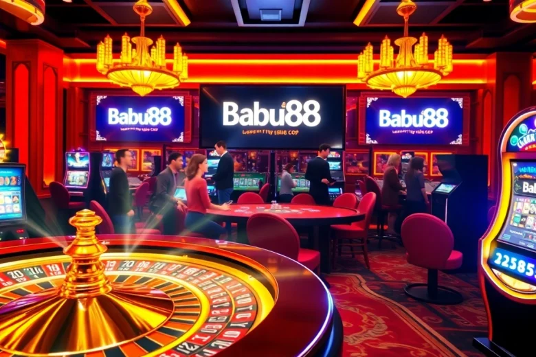 Babu88 Casino scene showcasing thrilling gameplay at roulette and poker tables.