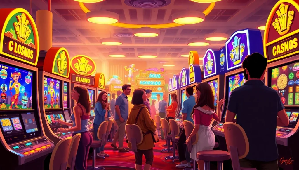 Kode4d slot gaming area with vibrant machines and joyful players enjoying the online casino experience