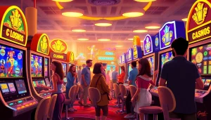 Kode4d slot gaming area with vibrant machines and joyful players enjoying the online casino experience