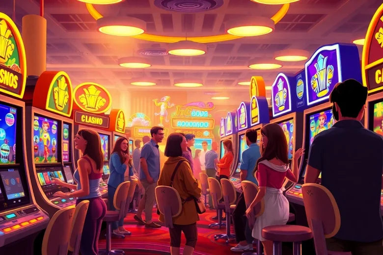 Kode4d slot gaming area with vibrant machines and joyful players enjoying the online casino experience
