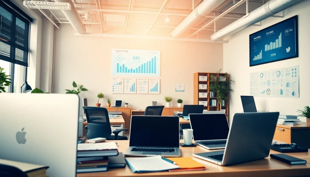 Boost your brand visibility with facebook smm panel illustrated in a vibrant office setting.