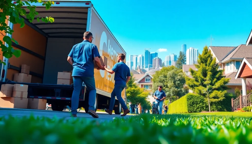 Moving company Vancouver professionals efficiently relocating items in a sunny city setting.