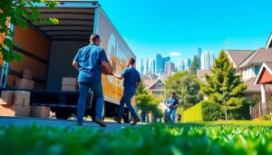Moving company Vancouver professionals efficiently relocating items in a sunny city setting.