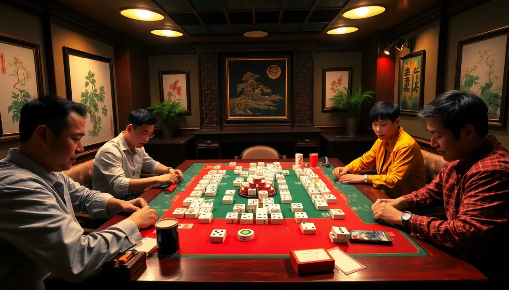 Mengambil bagian dalam permainan demo mahjong yang menarik dan kompetitif di meja yang dikelilingi pemain.