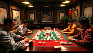 Mengambil bagian dalam permainan demo mahjong yang menarik dan kompetitif di meja yang dikelilingi pemain.
