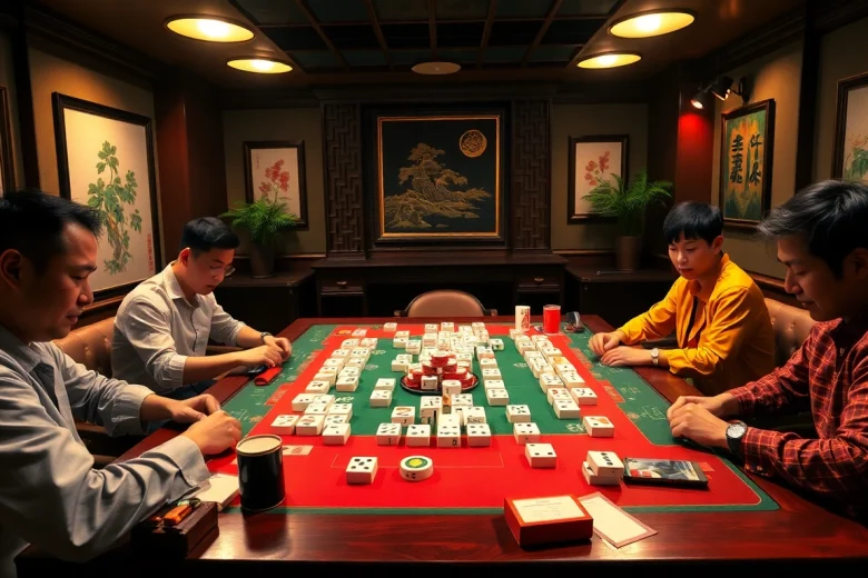 Mengambil bagian dalam permainan demo mahjong yang menarik dan kompetitif di meja yang dikelilingi pemain.