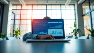 Chăm sóc website services illustrated through a professional setting with a person analyzing digital metrics on a laptop.